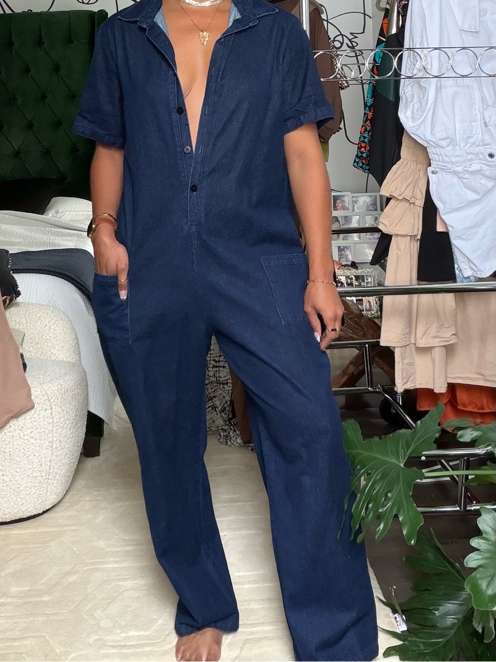 Casual Dark Denim Short-Sleeve Utility Jumpsuit